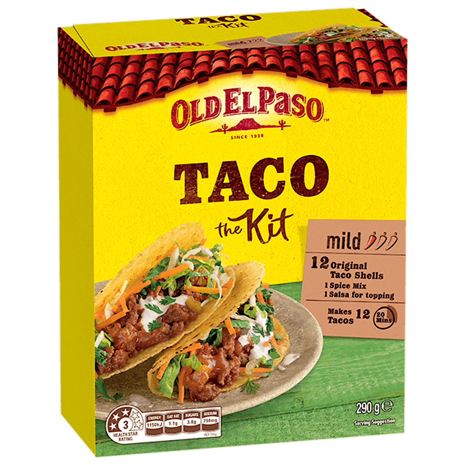 a pack of Old El Paso's mild taco kit containing taco shells, spice mix & salsa for topping (290g)